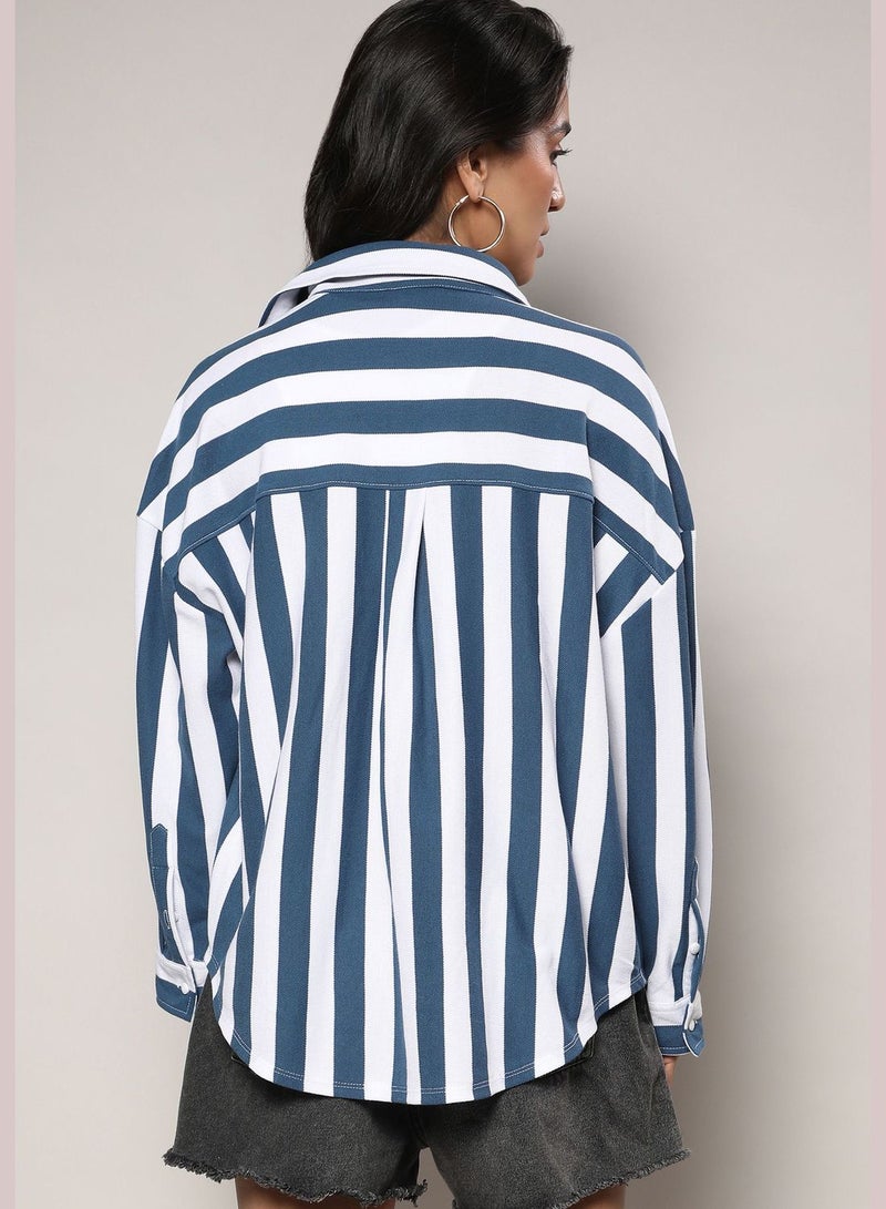 Striped Spread Collar Long Sleeve Shirt