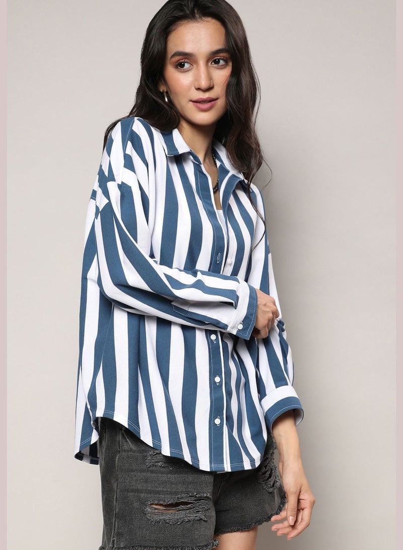 Striped Spread Collar Long Sleeve Shirt