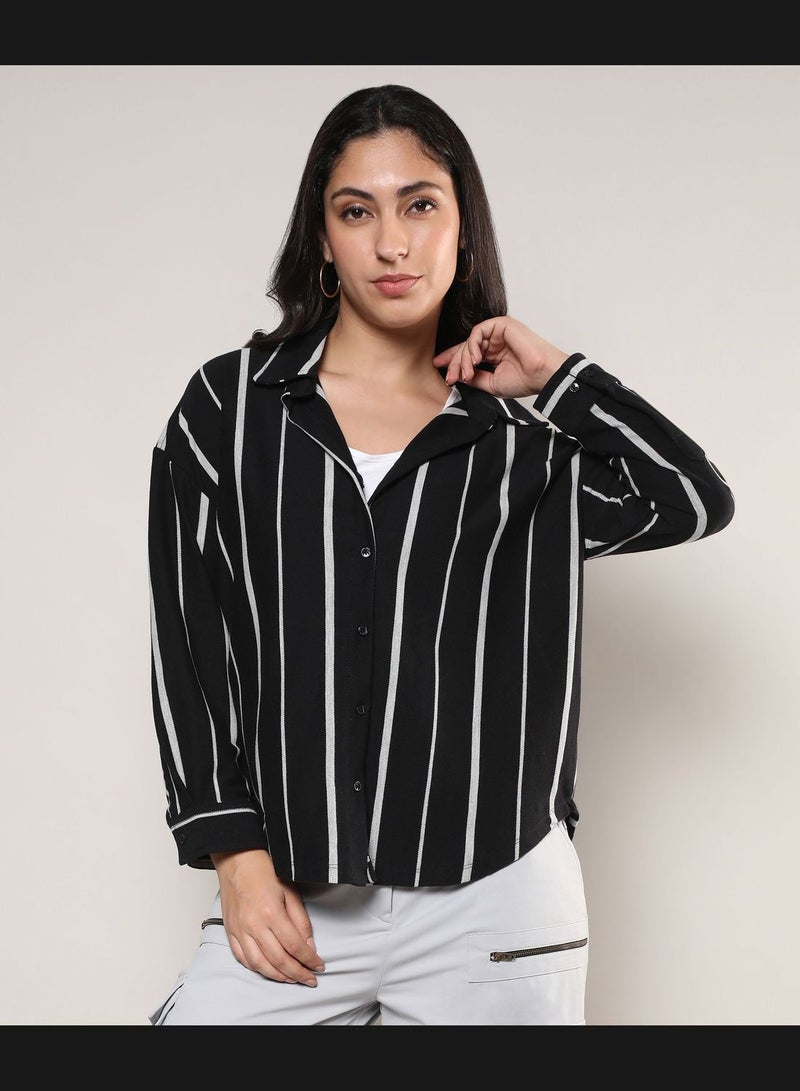 Striped Spread Collar Long Sleeve Shirt