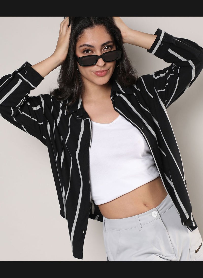 Striped Spread Collar Long Sleeve Shirt