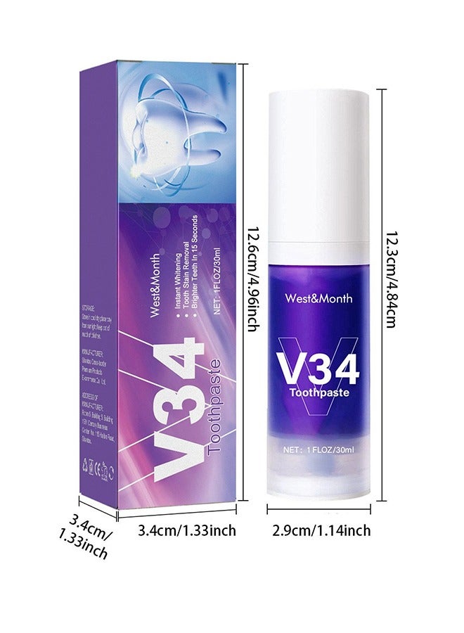 V34 Toothpaste -Teeth Whitening Mousse， Color Correcting Purple Toothpaste Mousse，Whitening Foam Toothpaste for Stain Removal，Teeth Cleaning and Care