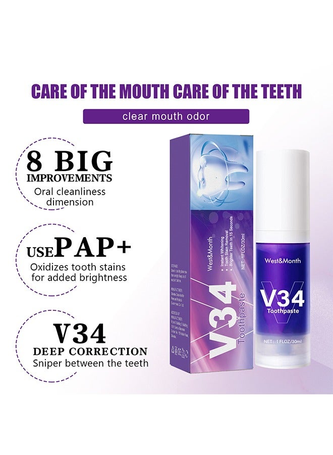 V34 Toothpaste -Teeth Whitening Mousse， Color Correcting Purple Toothpaste Mousse，Whitening Foam Toothpaste for Stain Removal，Teeth Cleaning and Care