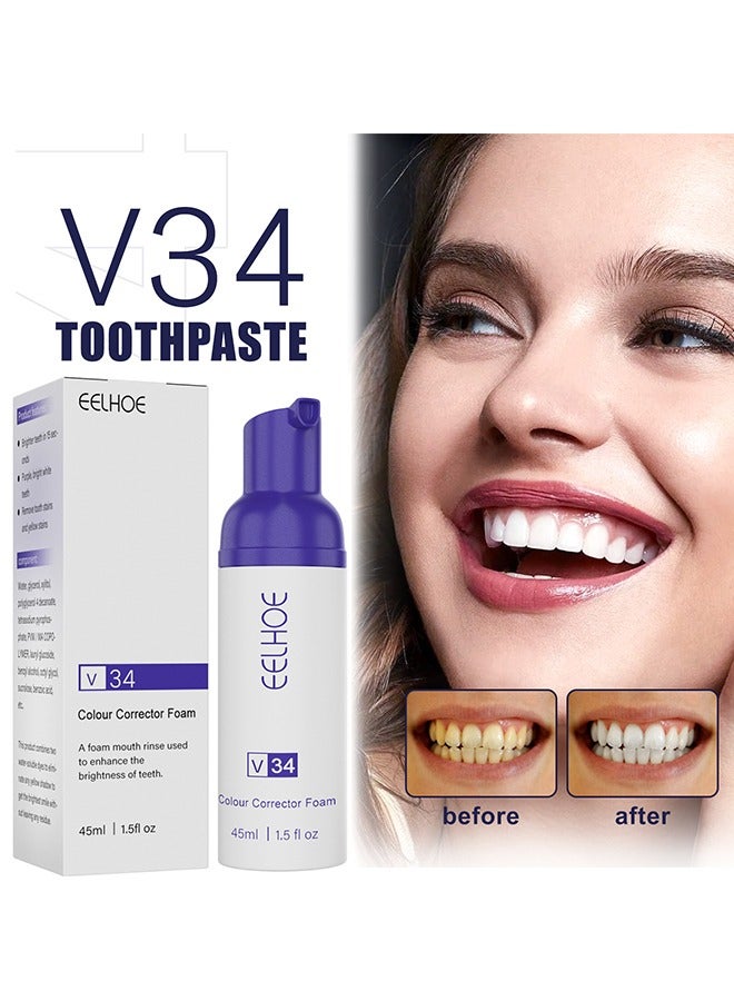 V34 Colour Corrector Foam, Toothpaste for Teeth Whitening, Yellow Teeth Cleaning, Colour Corrector and Effective Stains Removal, Oral Hygiene Care and Health 45ml