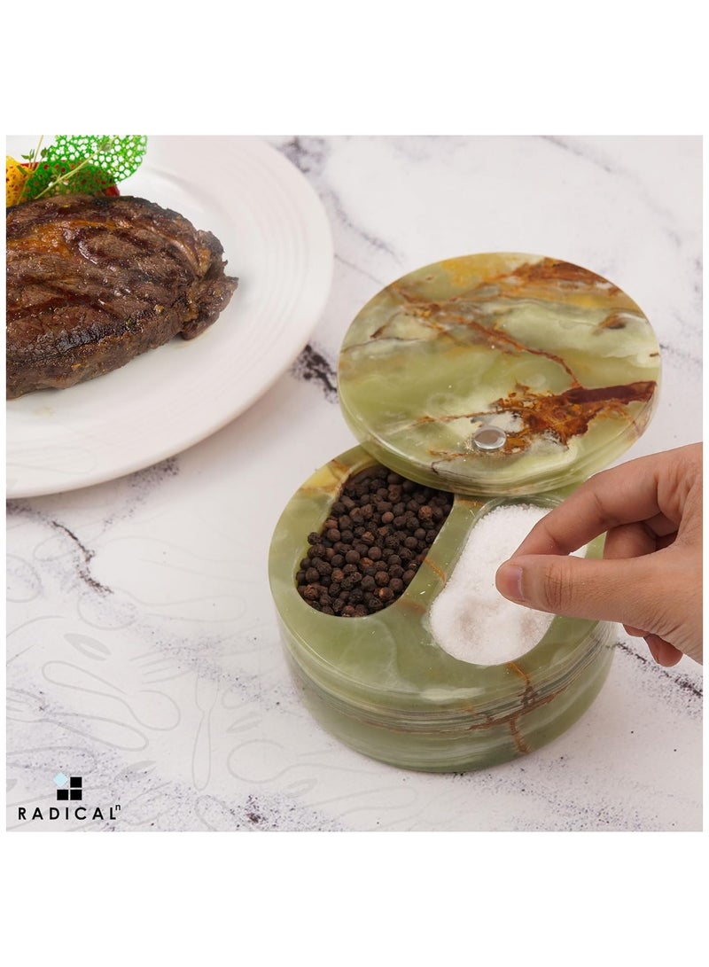 Radicaln Salt and Pepper Bowl green onyx Handmade Marble brown sugar keeper with Lid- Kitchen counter decor candy jar, spice jar, sugar container -Ideal kitchen storage box with two compartments