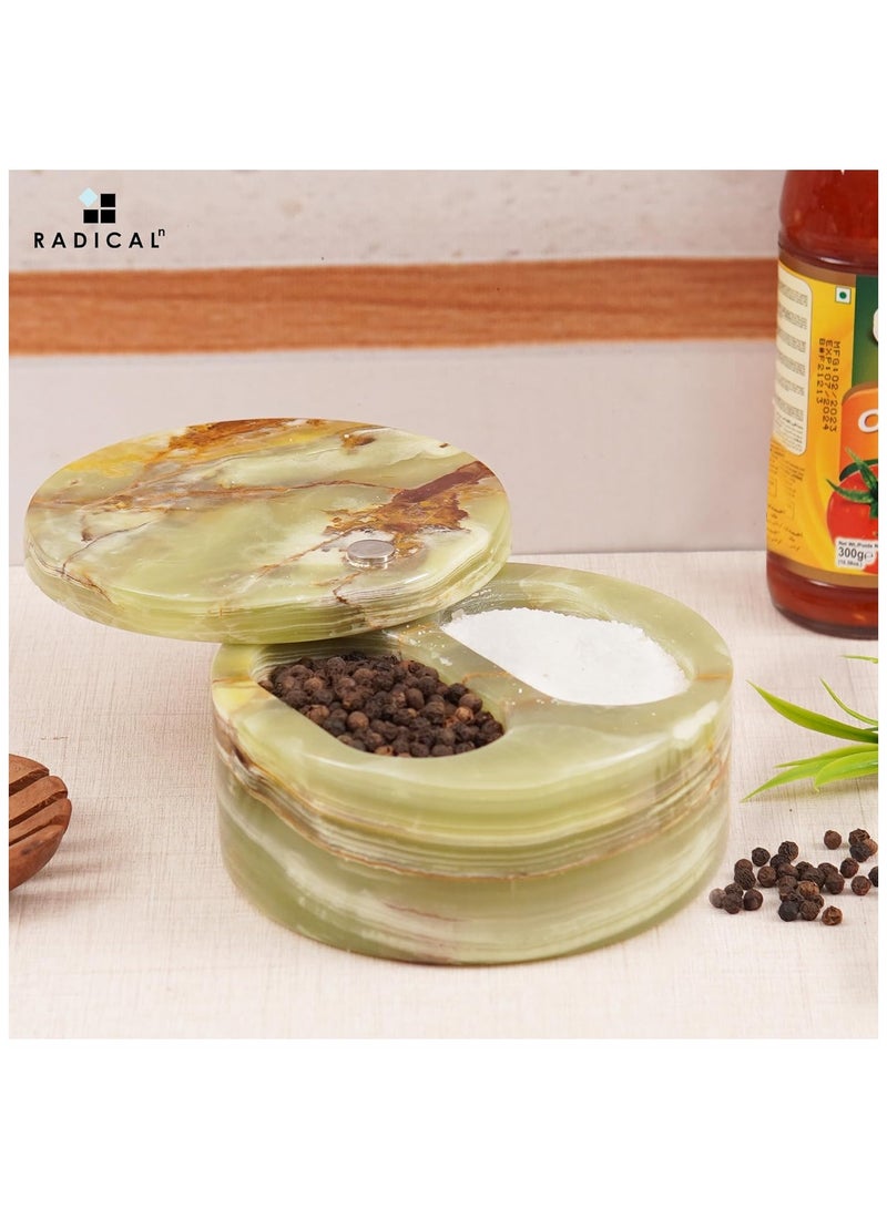 Radicaln Salt and Pepper Bowl green onyx Handmade Marble brown sugar keeper with Lid- Kitchen counter decor candy jar, spice jar, sugar container -Ideal kitchen storage box with two compartments