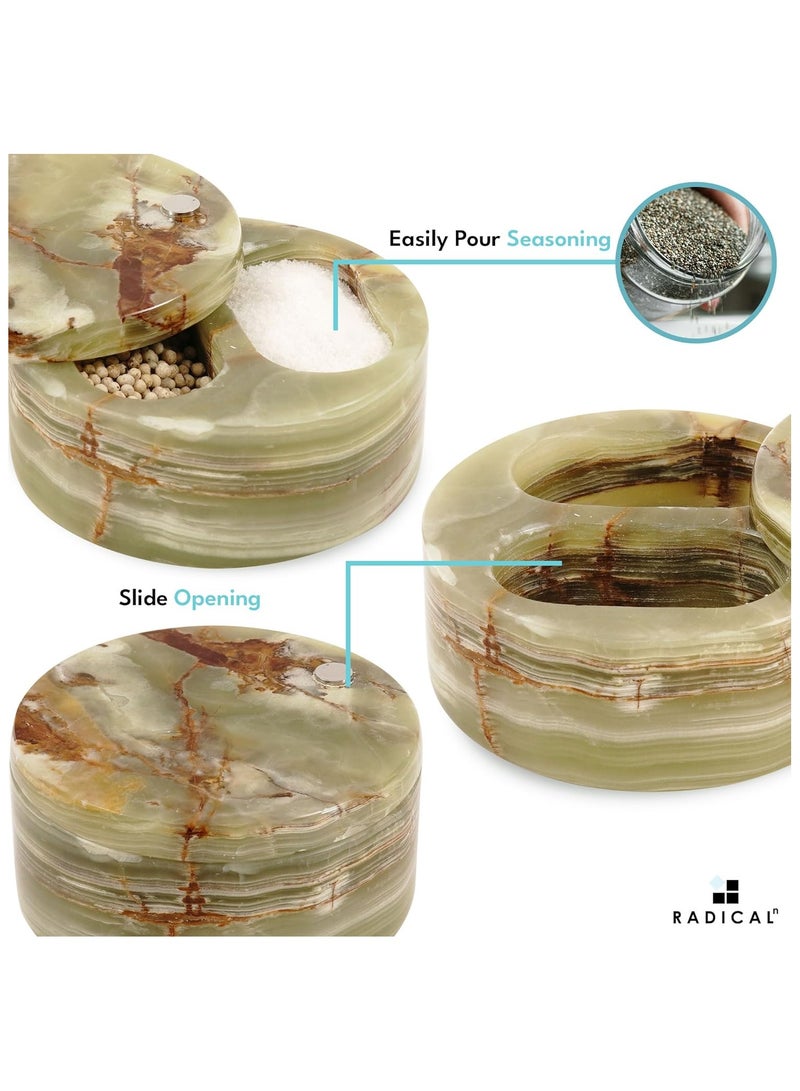 Radicaln Salt and Pepper Bowl green onyx Handmade Marble brown sugar keeper with Lid- Kitchen counter decor candy jar, spice jar, sugar container -Ideal kitchen storage box with two compartments