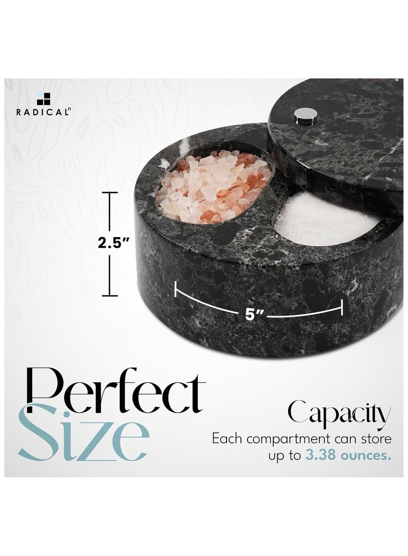 Radicaln Salt and Pepper Bowl Black Handmade Marble Sugar Container with Lid - Salt Cellar Kitchen Storage Seasoning Containers with Two Compartments For Countertop - Spice Jars, Candy Jar