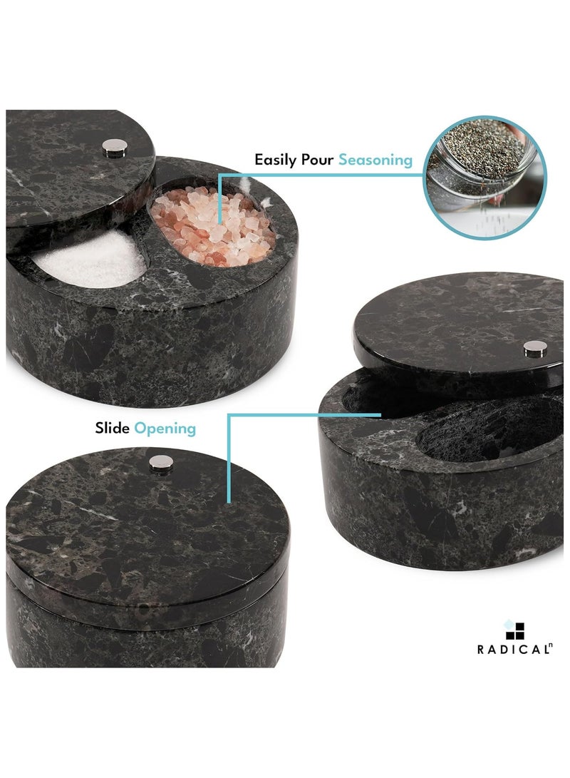 Radicaln Salt and Pepper Bowl Black Handmade Marble Sugar Container with Lid - Salt Cellar Kitchen Storage Seasoning Containers with Two Compartments For Countertop - Spice Jars, Candy Jar