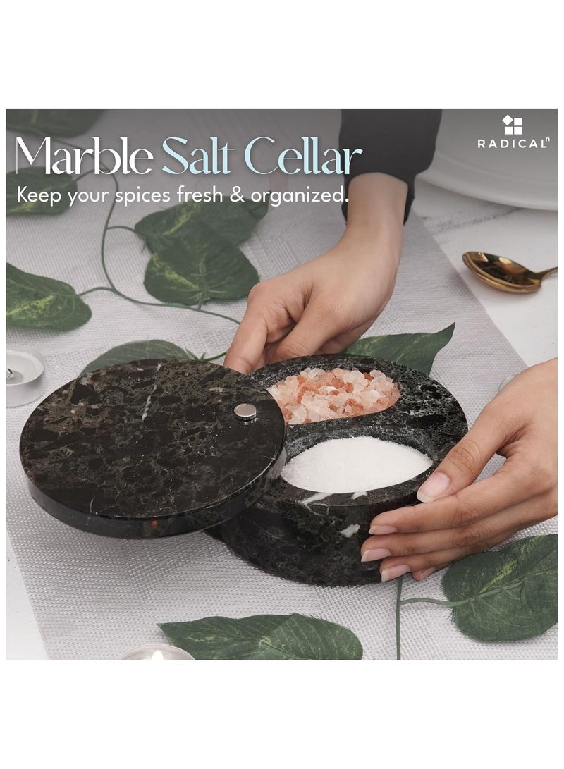 Radicaln Salt and Pepper Bowl Black Handmade Marble Sugar Container with Lid - Salt Cellar Kitchen Storage Seasoning Containers with Two Compartments For Countertop - Spice Jars, Candy Jar