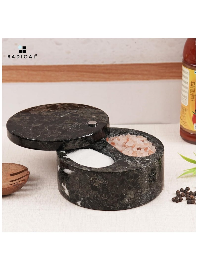 Radicaln Salt and Pepper Bowl Black Handmade Marble Sugar Container with Lid - Salt Cellar Kitchen Storage Seasoning Containers with Two Compartments For Countertop - Spice Jars, Candy Jar