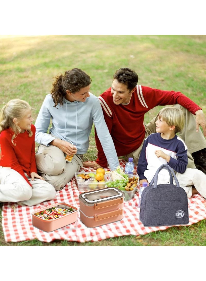 Stainless Steel Lunch Box - Insulated Bento Box Multifunctional Containers Food Containers with 2 Compartments,Tableware, Nylon insulation bag (1.6L Pink)