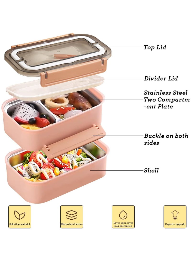 Stainless Steel Lunch Box - Insulated Bento Box Multifunctional Containers Food Containers with 2 Compartments,Tableware, Nylon insulation bag (1.6L Pink)