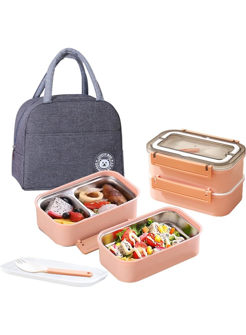 Stainless Steel Lunch Box - Insulated Bento Box Multifunctional Containers Food Containers with 2 Compartments,Tableware, Nylon insulation bag (1.6L Pink)