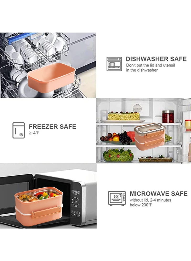 Stainless Steel Lunch Box - Insulated Bento Box Multifunctional Containers Food Containers with 2 Compartments,Tableware, Nylon insulation bag (1.6L Pink)