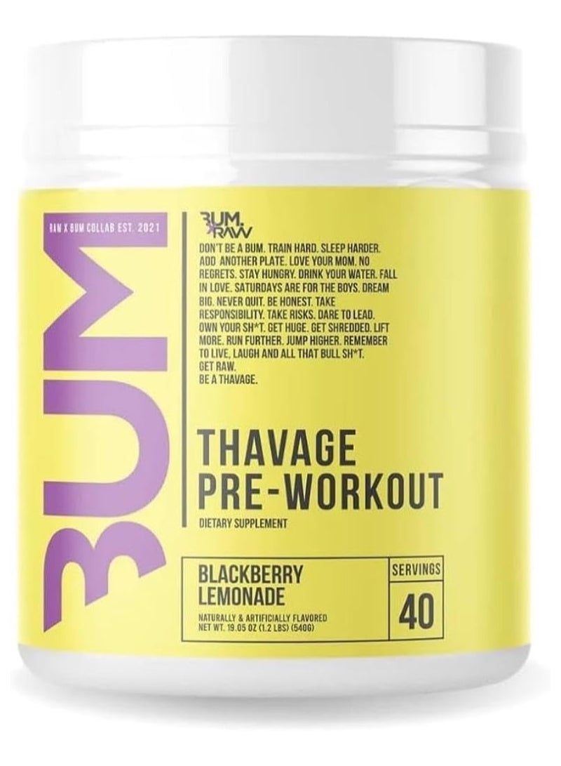 RAW Thavage Pre Workout - Chris Bumstead Enhanced Champion Formula for All Athletes, Blackberry Lemonade Flavor, 30 Servings, 40 Servings