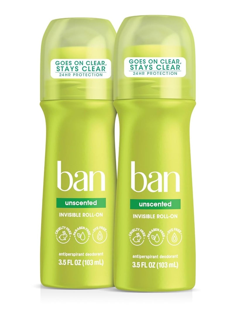 Ban Original Unscented 24-hour Invisible Antiperspirant, Roll-on Deodorant for Women and Men, Underarm Wetness Protection, with Odor-fighting Ingredients, 3.5 Fl Oz (Pack of 2)