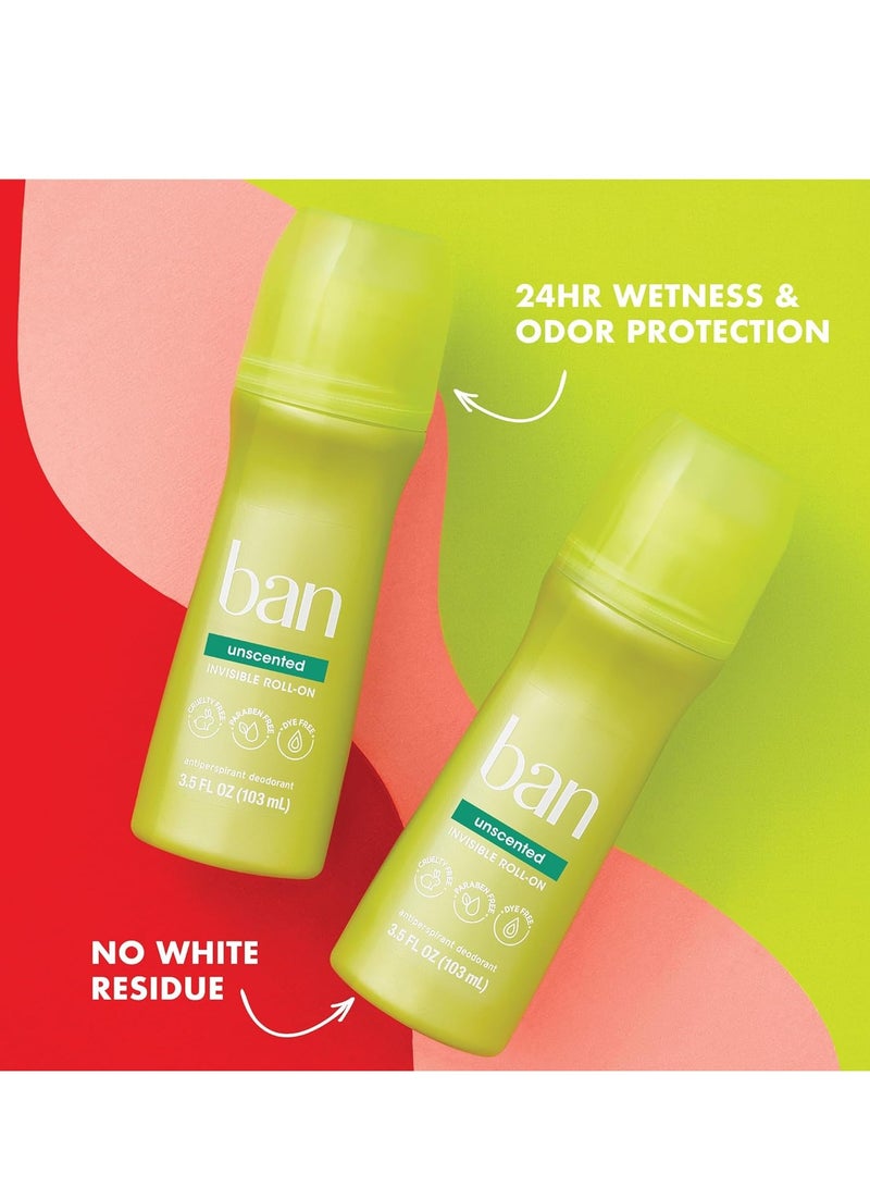 Ban Original Unscented 24-hour Invisible Antiperspirant, Roll-on Deodorant for Women and Men, Underarm Wetness Protection, with Odor-fighting Ingredients, 3.5 Fl Oz (Pack of 2)