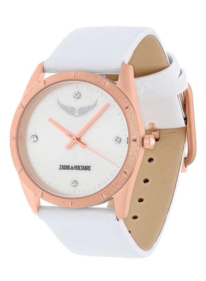 Womens Zadig & Voltaire  Analog Quartz Watch with Rosegold Case Silver Dial 4 Stone Indexes and  Glossy White Leather Strap - ZVF1012