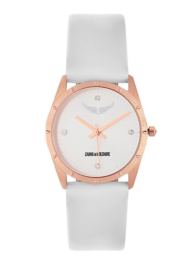 Womens Zadig & Voltaire  Analog Quartz Watch with Rosegold Case Silver Dial 4 Stone Indexes and  Glossy White Leather Strap - ZVF1012