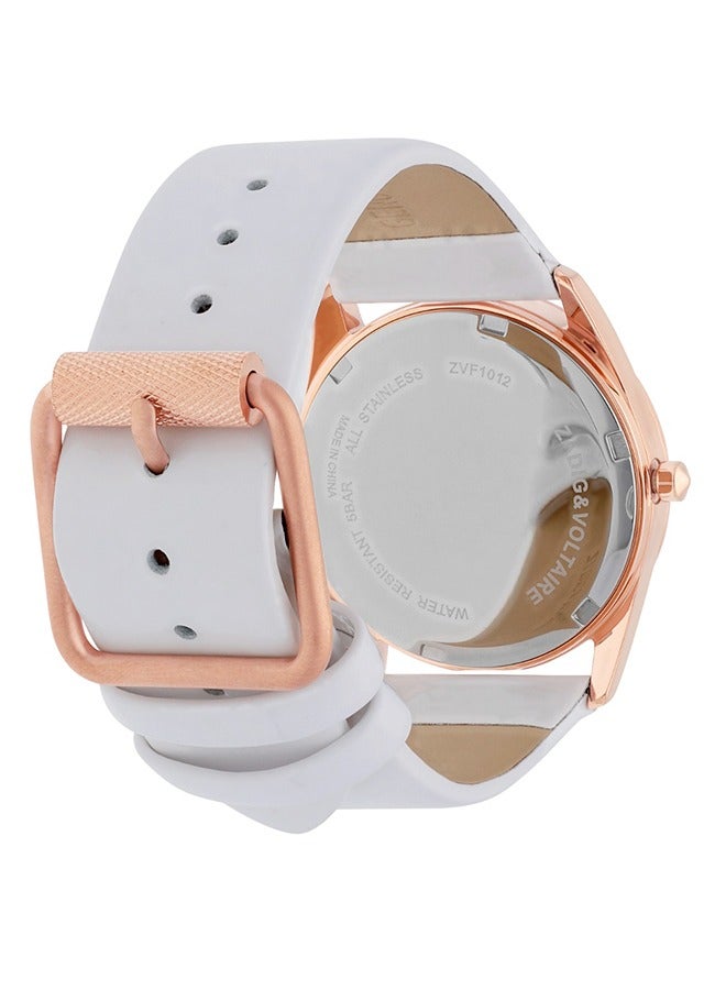 Womens Zadig & Voltaire  Analog Quartz Watch with Rosegold Case Silver Dial 4 Stone Indexes and  Glossy White Leather Strap - ZVF1012