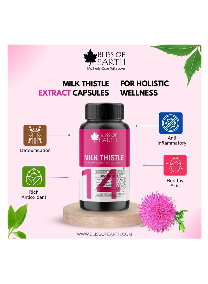 Bliss of Earth Milk Thistle Capsules Liver Support Supplement 60 Count  500mg Pure Extract Per Serving Organic  Non GMO  500mg Vegan Friendly
