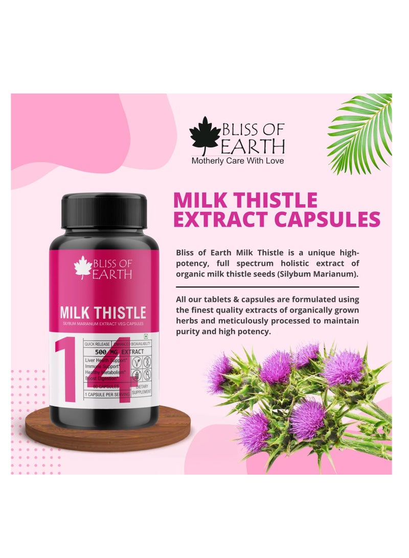 Bliss of Earth Milk Thistle Capsules Liver Support Supplement 60 Count  500mg Pure Extract Per Serving Organic  Non GMO  500mg Vegan Friendly