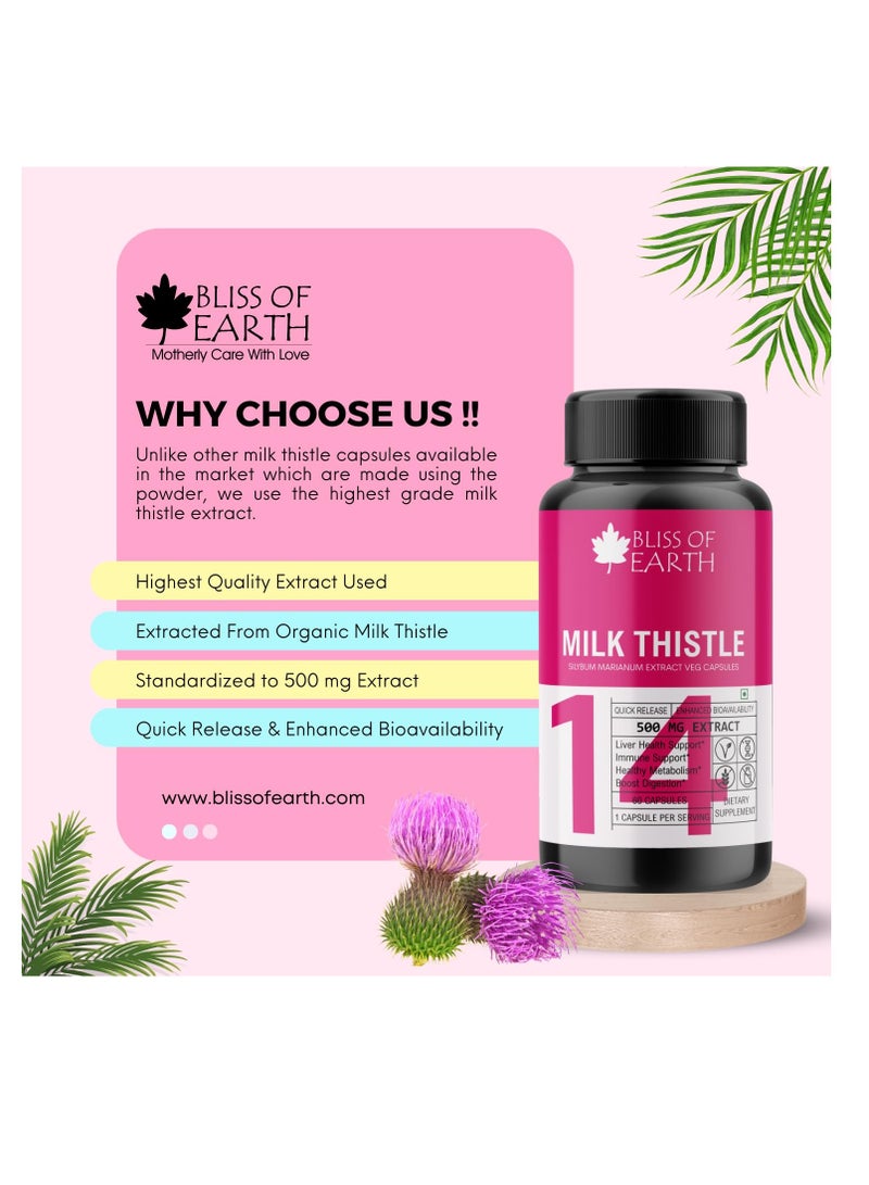 Bliss of Earth Milk Thistle Capsules Liver Support Supplement 60 Count  500mg Pure Extract Per Serving Organic  Non GMO  500mg Vegan Friendly