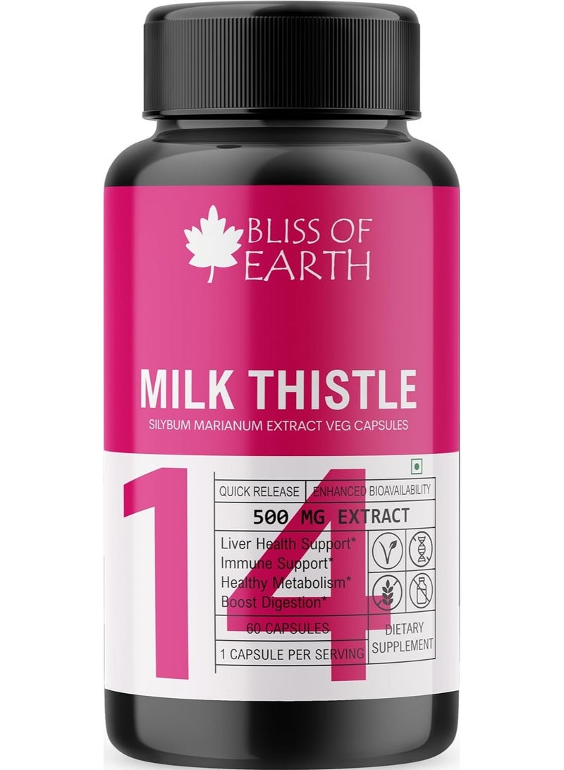 Bliss of Earth Milk Thistle Capsules Liver Support Supplement 60 Count  500mg Pure Extract Per Serving Organic  Non GMO  500mg Vegan Friendly