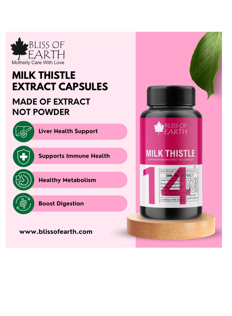 Bliss of Earth Milk Thistle Capsules Liver Support Supplement 60 Count  500mg Pure Extract Per Serving Organic  Non GMO  500mg Vegan Friendly
