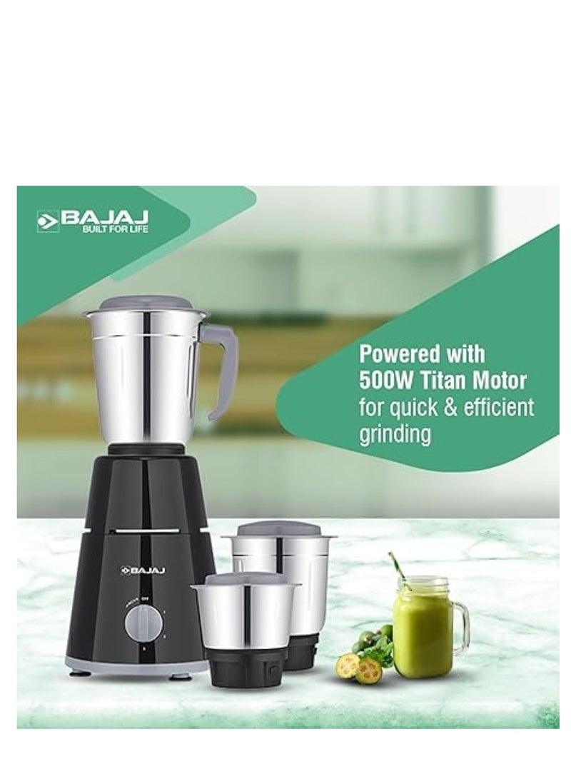 Mixer Grinder with 500W Titan Motor, 3 Stainless Steel Jars, 2-in-1 Blade for Dry & Wet Grinding | Ideal for Grinding Spices, Chutneys, Smoothies, Batters, Chopping, Grating, Mincing 2.4 L 500 W GX 1 Black