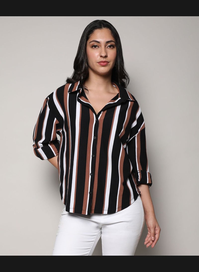 Striped Spread Collar Long Sleeve Shirt