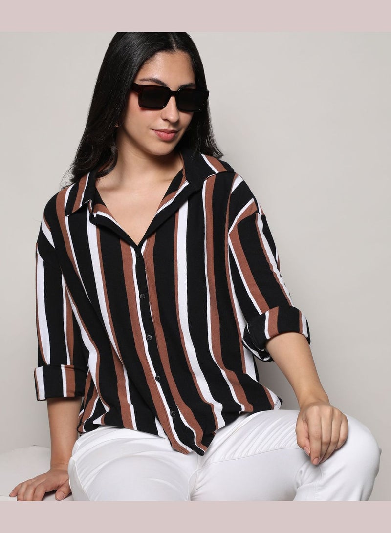 Striped Spread Collar Long Sleeve Shirt