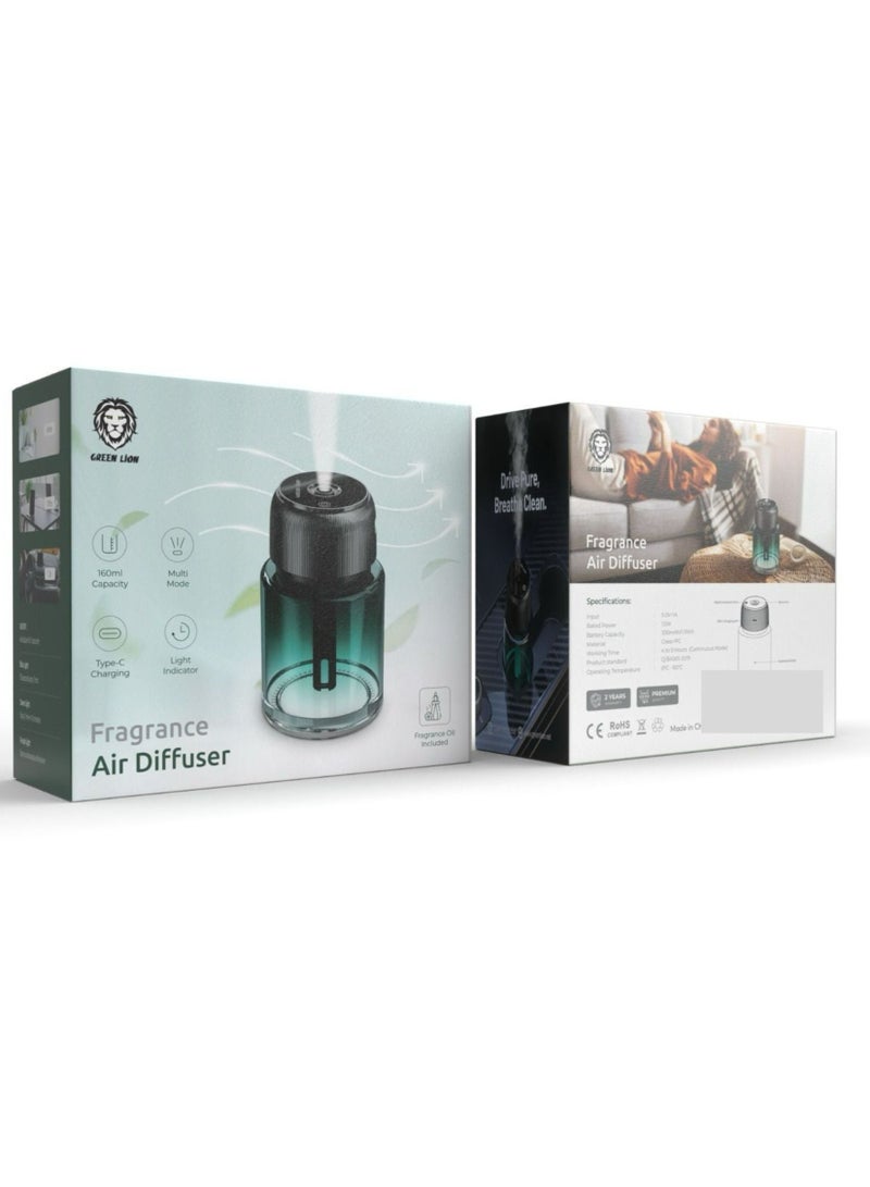 Fragrance 160ml Air Diffuser with Light Indicator, 300mAh Battery, 4 to 5 Hours Working Time, Type-C Charging, Multi Mode - Green