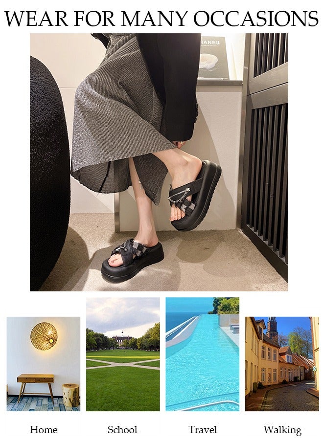 Women's Summer Walking Sandals Air Cushion Support Platform Open Tole Slippers Comfortable Casual Wedge Sandals with Non-slip Soles Thick Sole Beach Slippers Indoor and Out Door