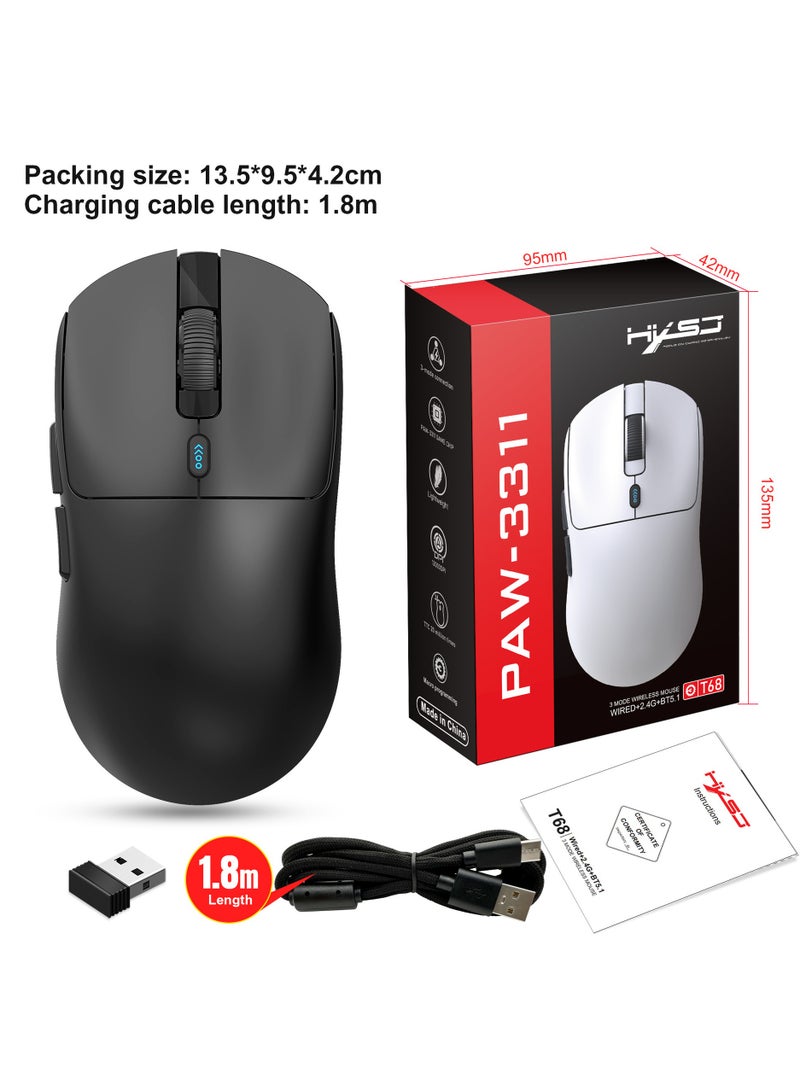 HXSJ T68 Three mode game mouse  Sensor PAW3311  Connection mode Wired+2.4G+BT5.1  Rate of return  125-250-500-1000Hz Default 1000Hz BLACK