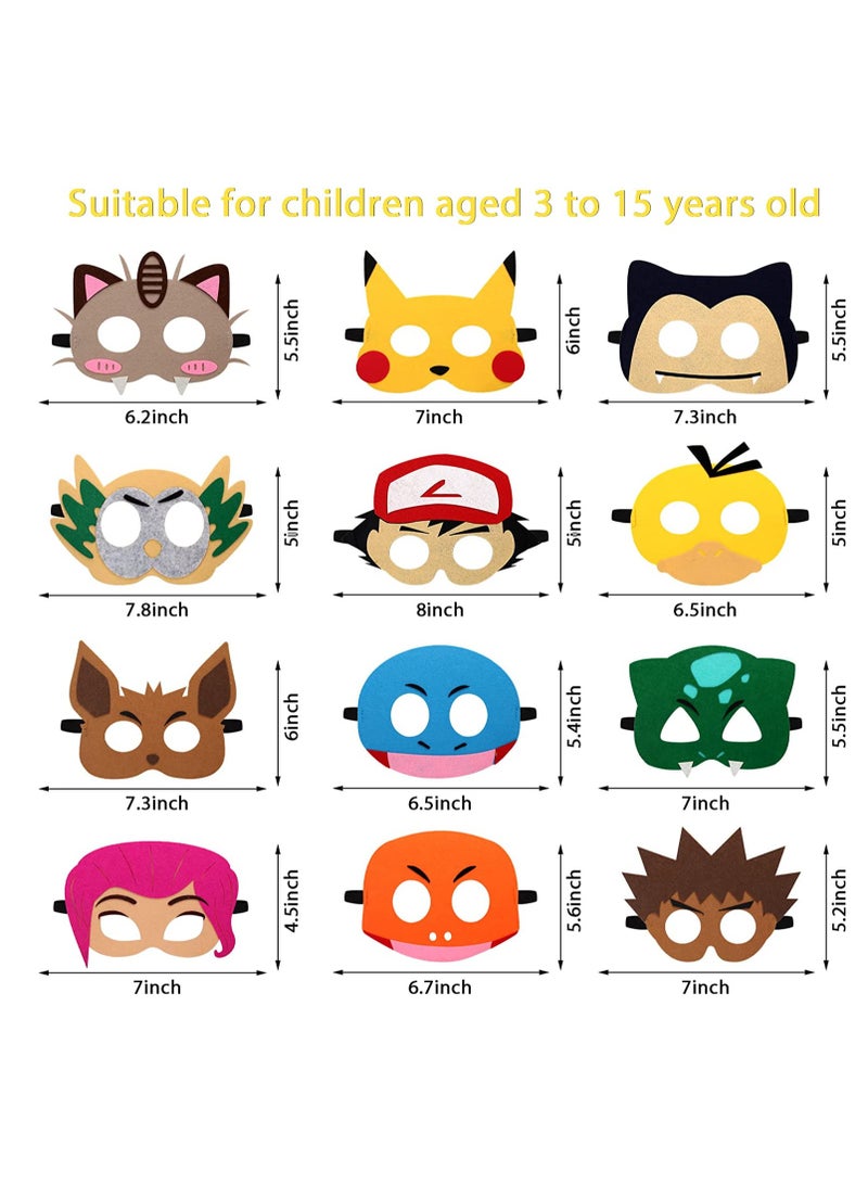 Anime kemon birthday party supplies, 12pcs pika theme blanket mask, suitable for children's role playing decorations and Red Blue Black Green Pink 6.7x5.5x0.2