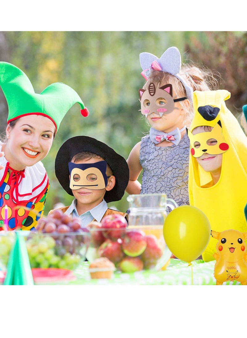 Anime kemon birthday party supplies, 12pcs pika theme blanket mask, suitable for children's role playing decorations and Red Blue Black Green Pink 6.7x5.5x0.2