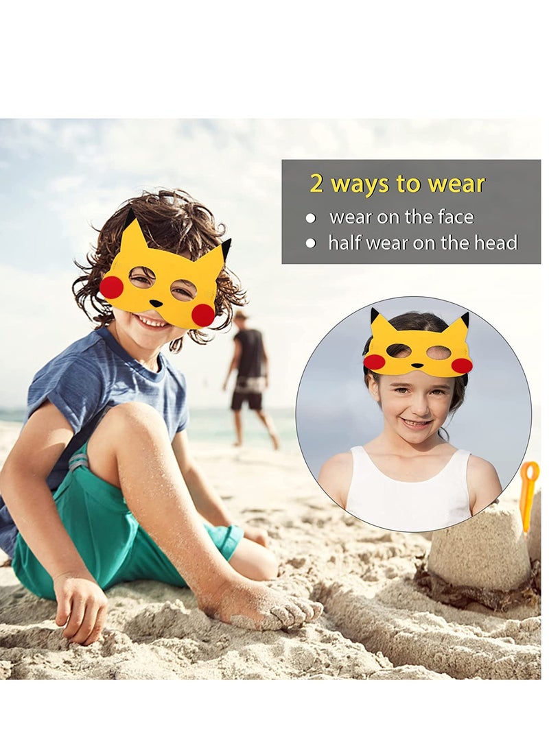 Anime kemon birthday party supplies, 12pcs pika theme blanket mask, suitable for children's role playing decorations and Red Blue Black Green Pink 6.7x5.5x0.2