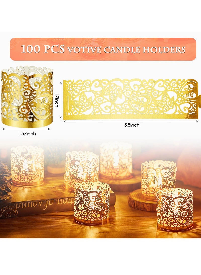 Tealight Votive Wrap Votive Candle Holders Laser Cutting Paper Candle Holder for Table LED Tealight Decor Party Wedding Gold 100 Pieces