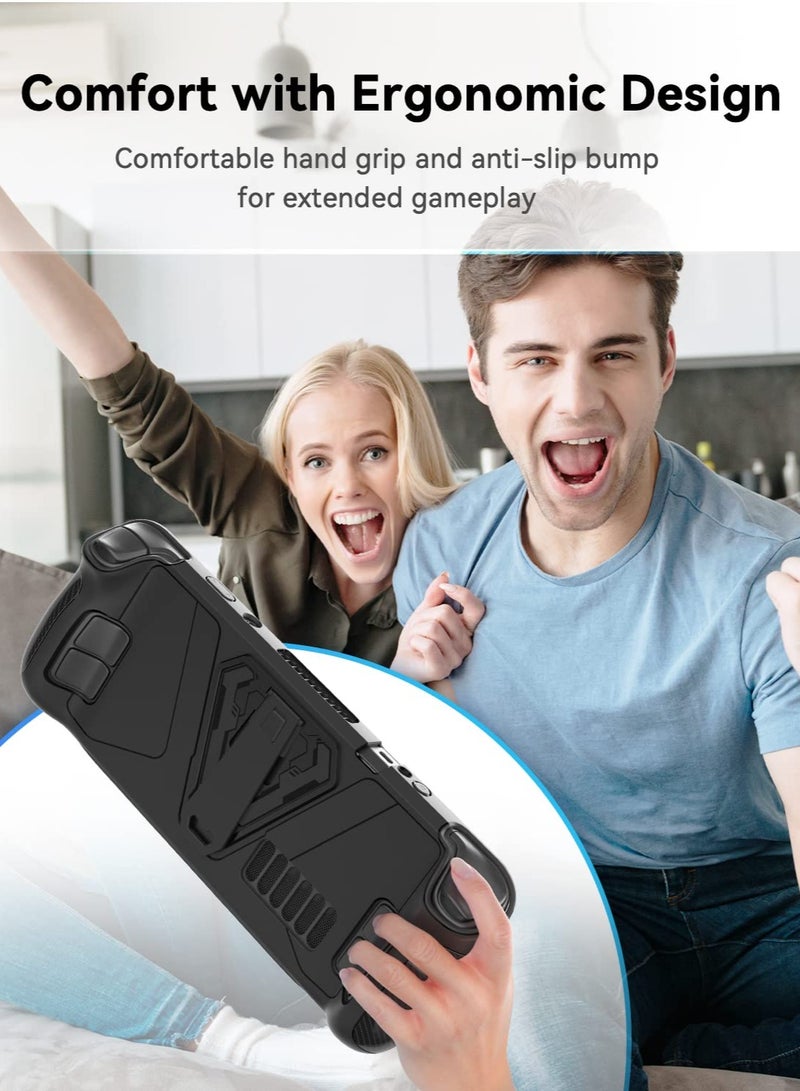 Protective Case for Steam Deck with Kickstand, Accurate Cutouts TPU Cover for Steam Deck, Anti Slip Comfort Shockproof Protector Grip Shell for Steam Deck Black