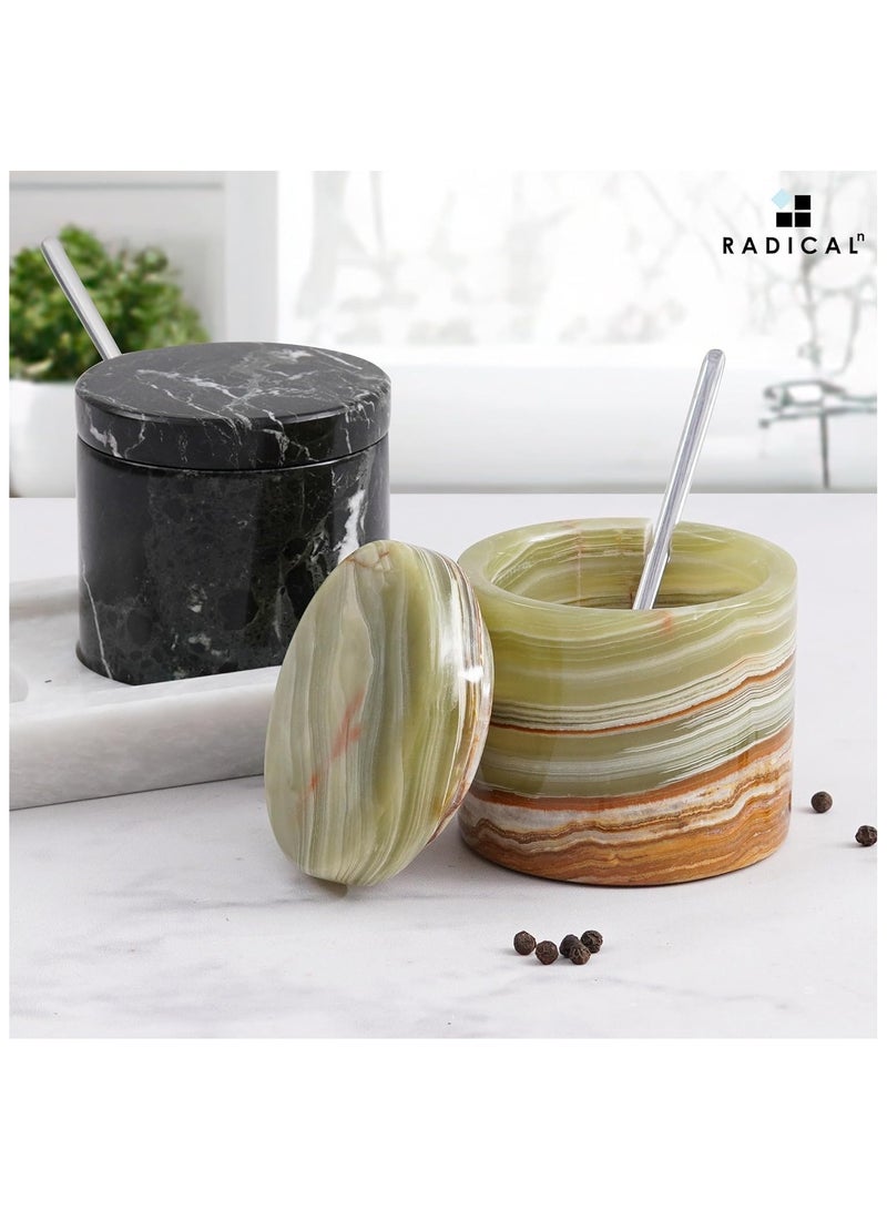 Radicaln Marble Salt Cellar and Tray Black and Green Handmade Salt Box For Set Of 2 Serving Bowls With Lids - Ideal Sugar Dispenser, Salt And Pepper Bowls Kitchen Storage