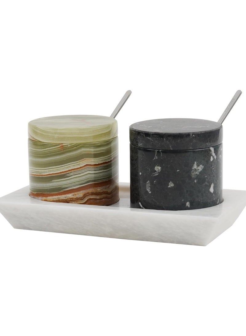 Radicaln Marble Salt Cellar and Tray Black and Green Handmade Salt Box For Set Of 2 Serving Bowls With Lids - Ideal Sugar Dispenser, Salt And Pepper Bowls Kitchen Storage