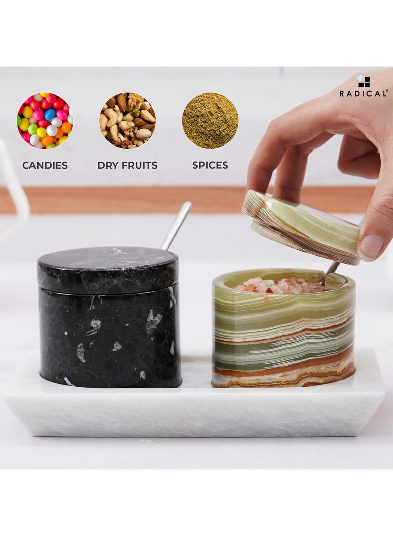 Radicaln Marble Salt Cellar and Tray Black and Green Handmade Salt Box For Set Of 2 Serving Bowls With Lids - Ideal Sugar Dispenser, Salt And Pepper Bowls Kitchen Storage