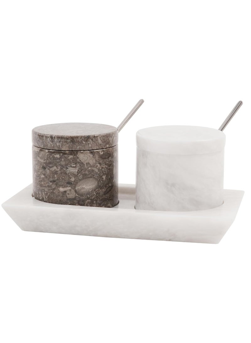 Radicaln Marble Salt Cellar With Lid & Tray Oceanic and White Handmade Set of 2 Salt & Spice Containers -Salt & Pepper Bowls Kitchen Table Décor - Sugar Bowl