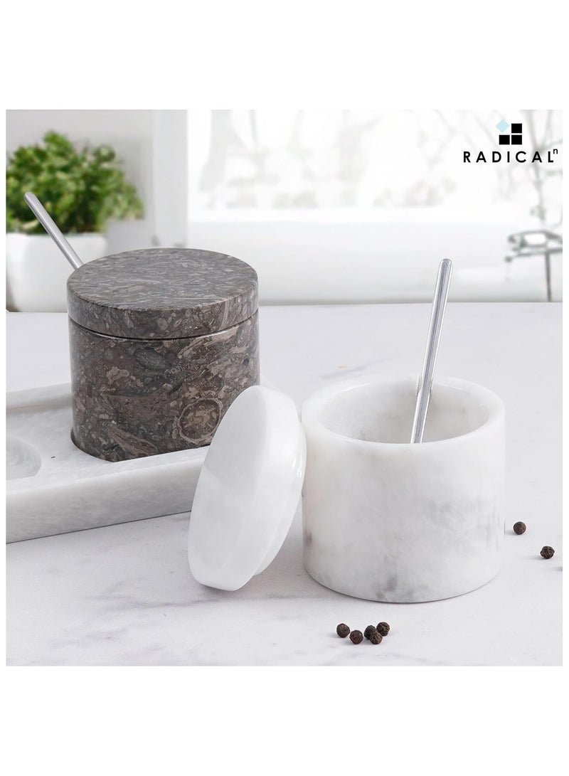 Radicaln Marble Salt Cellar With Lid & Tray Oceanic and White Handmade Set of 2 Salt & Spice Containers -Salt & Pepper Bowls Kitchen Table Décor - Sugar Bowl