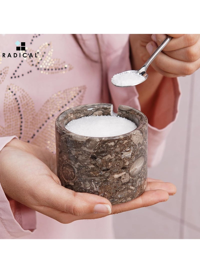 Radicaln Marble Salt Cellar With Lid & Tray Oceanic and White Handmade Set of 2 Salt & Spice Containers -Salt & Pepper Bowls Kitchen Table Décor - Sugar Bowl