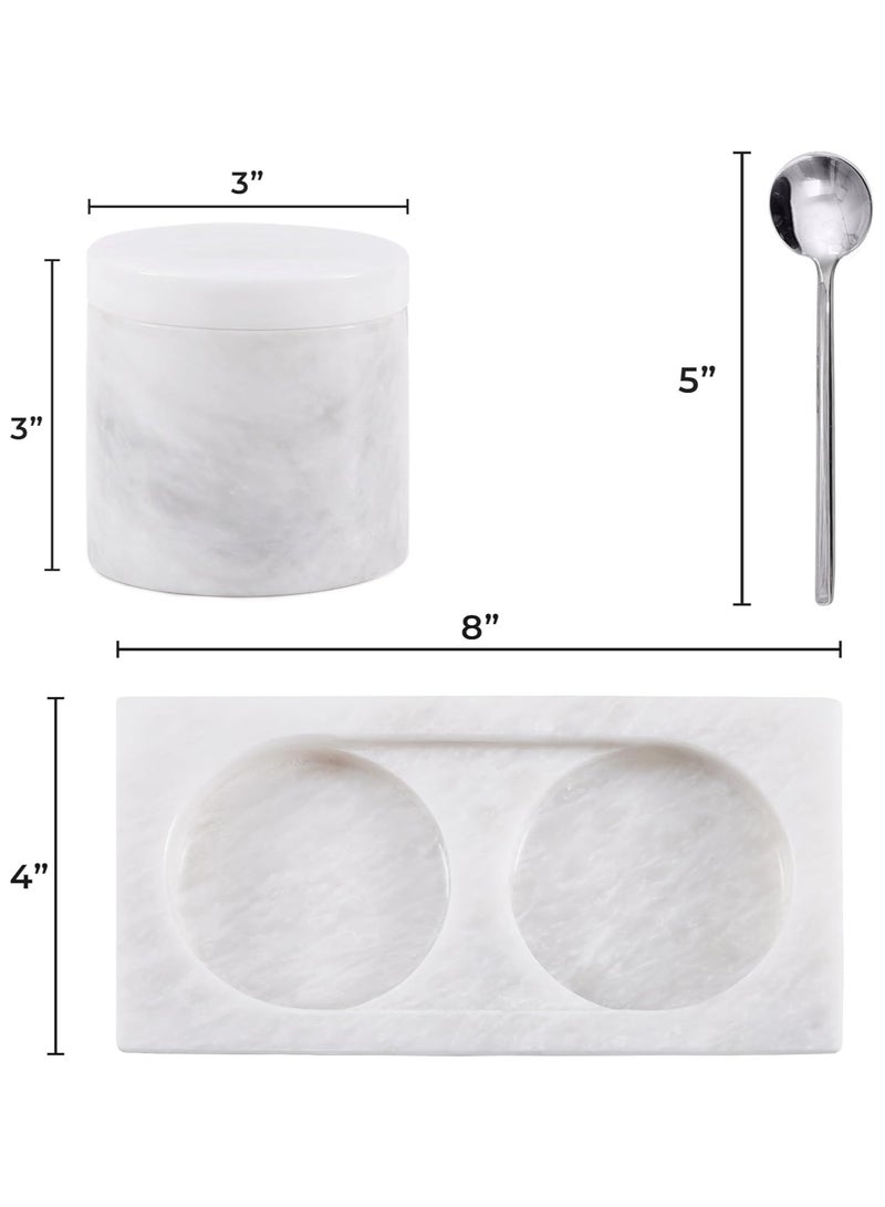 Radicaln Marble Salt Cellar With Lid & Tray Oceanic and White Handmade Set of 2 Salt & Spice Containers -Salt & Pepper Bowls Kitchen Table Décor - Sugar Bowl