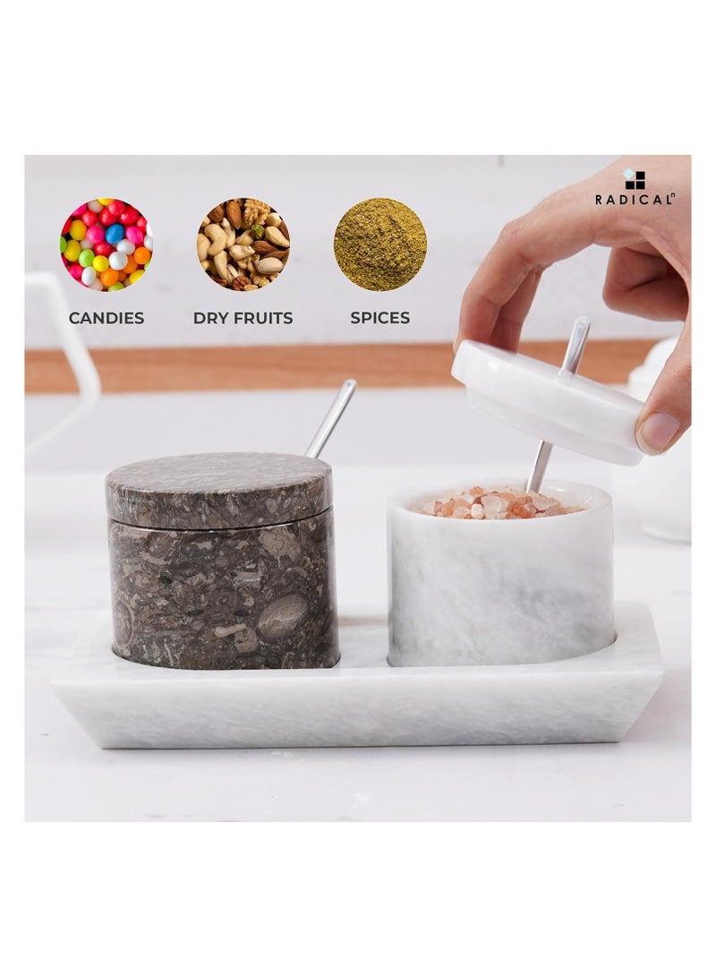 Radicaln Marble Salt Cellar With Lid & Tray Oceanic and White Handmade Set of 2 Salt & Spice Containers -Salt & Pepper Bowls Kitchen Table Décor - Sugar Bowl