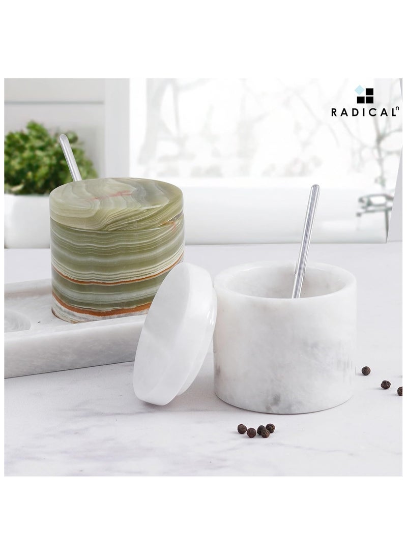 Radicaln Marble Salt Cellar With Lid & Tray White and Green Handmade Salt Bowl And Sugar Bowl - Set Of 2 Spices Container Set For Kitchen Storage - Brown Sugar Keeper