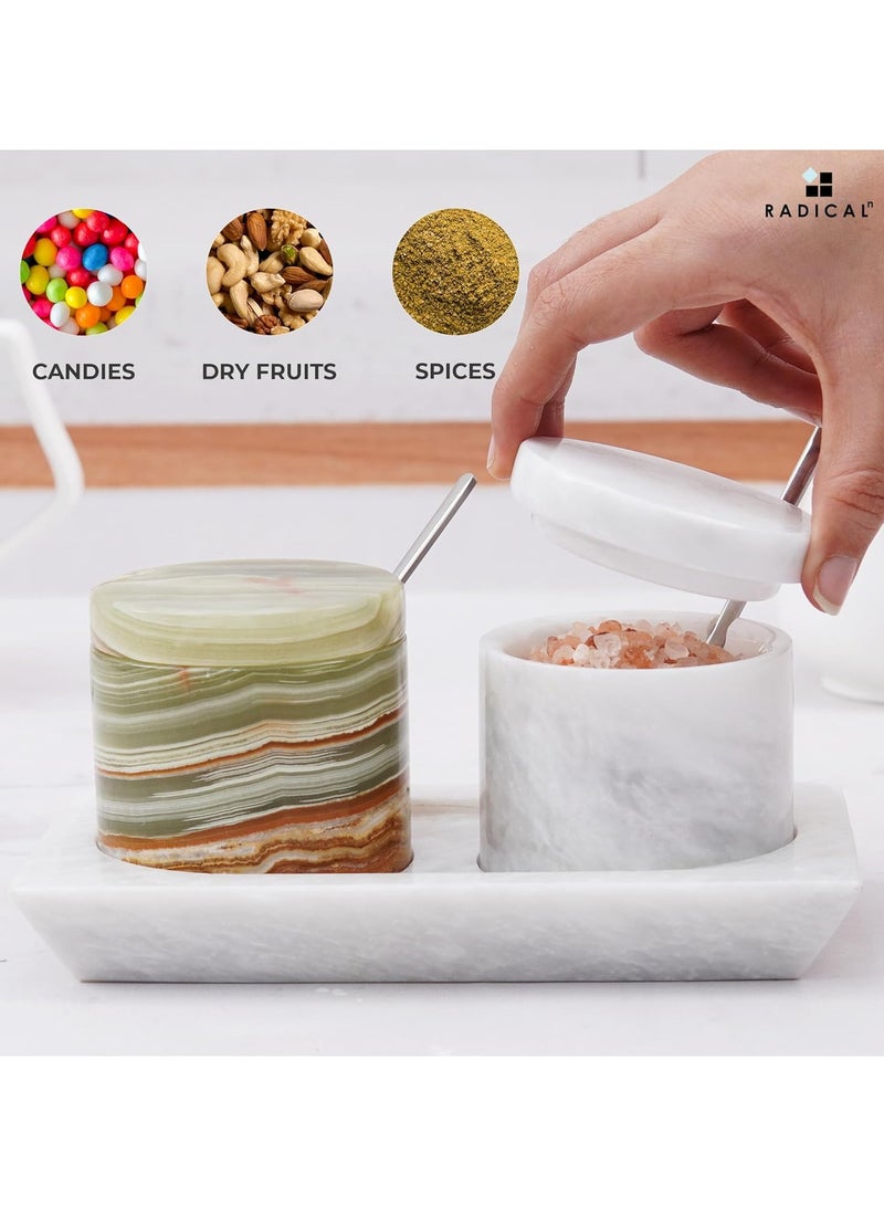 Radicaln Marble Salt Cellar With Lid & Tray White and Green Handmade Salt Bowl And Sugar Bowl - Set Of 2 Spices Container Set For Kitchen Storage - Brown Sugar Keeper